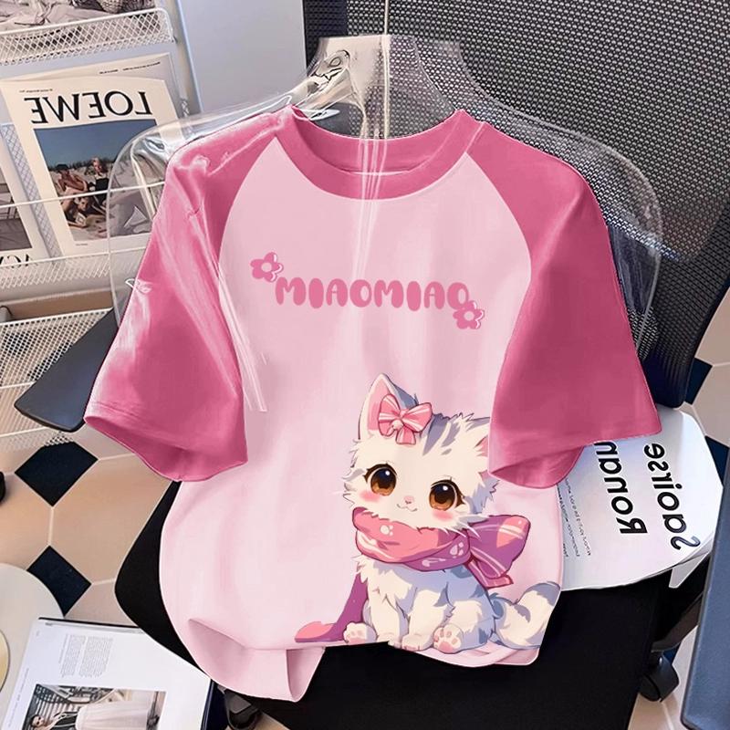 T-shirt Stampata con Grafica di Gatto Cartone Animato per Ragazza Estiva Casual da Donna per Bambini a Maniche Corte Abbigliamento