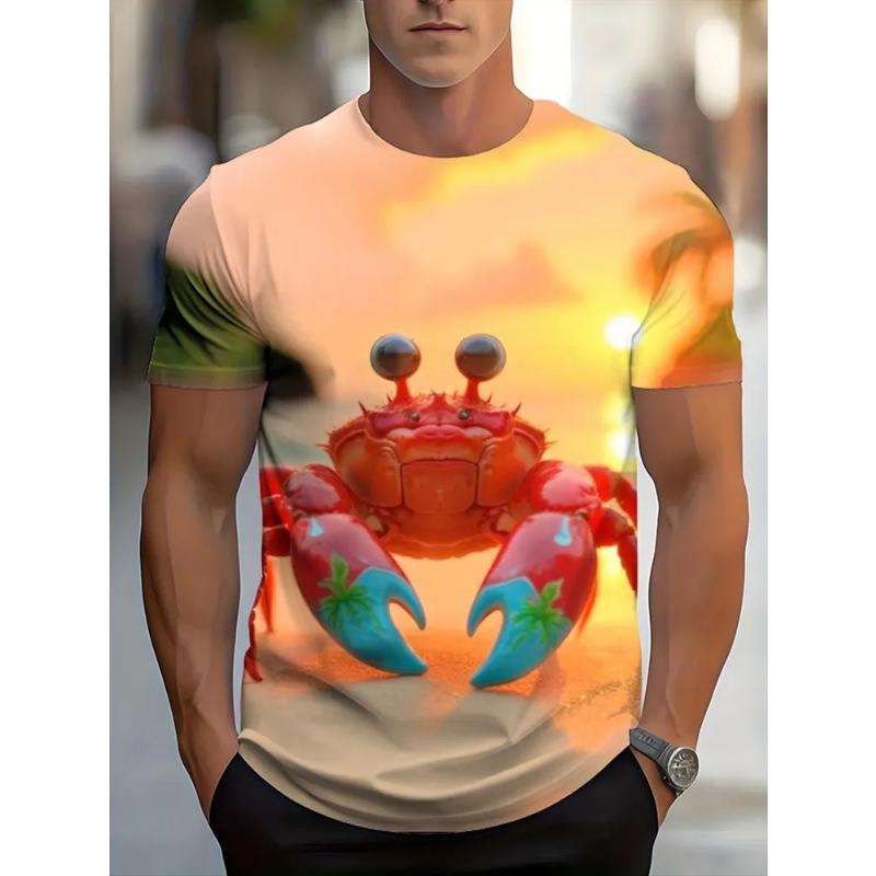 Fashion Men's Crew Neck Short Sleeve 3D Crab Color Printing Crew Neck T-Shirt Crab Short Sleeve