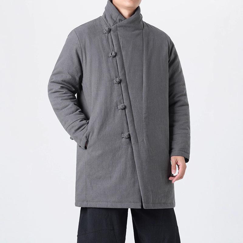 Pánská silná bavlněná lněná bunda v čínském stylu s žabími knoflíky, stojáčkem, střední délky, velikost Plus Size Tang oblek.