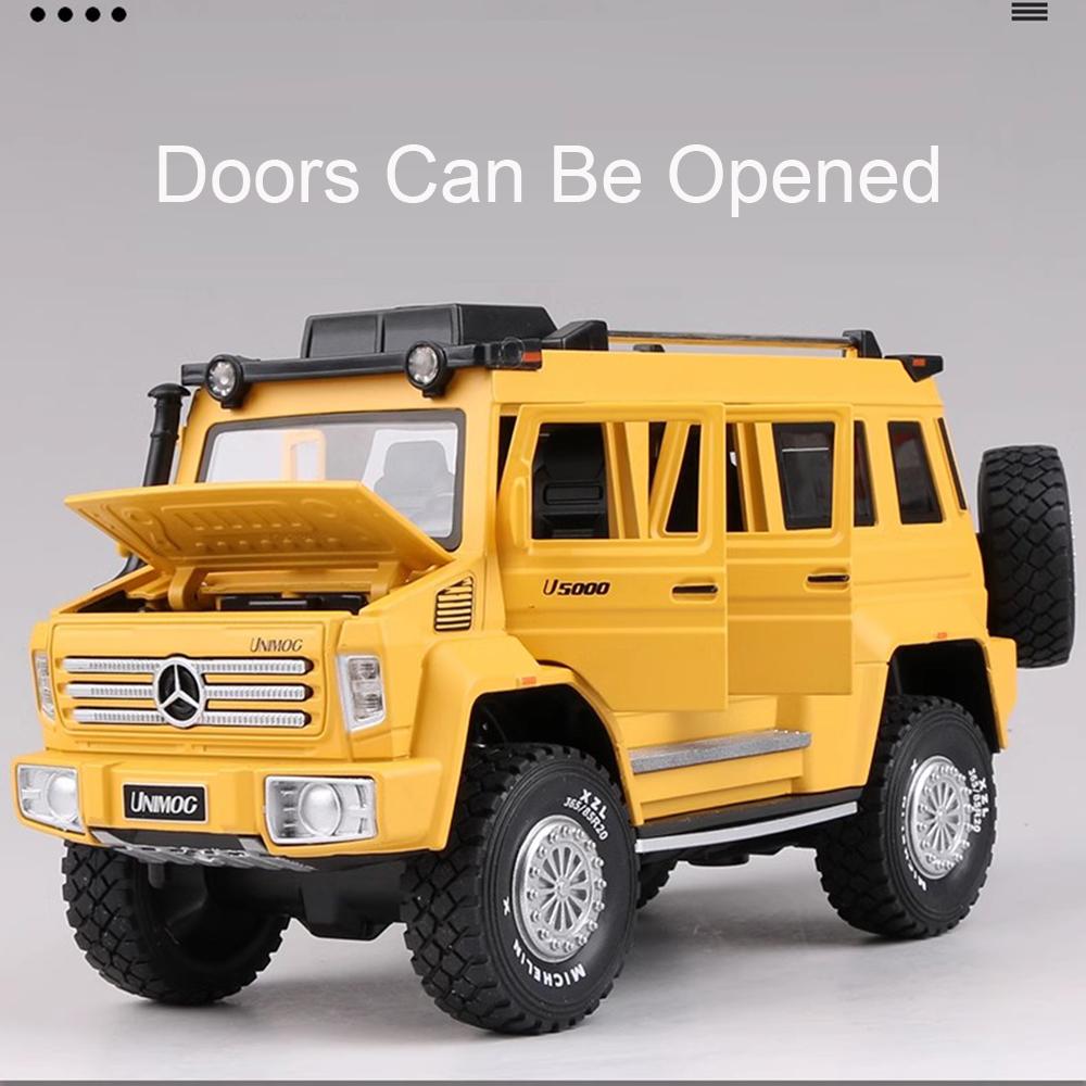 1:28 UNIMOG U5000 Defender Car Model Toy Metal Body Sound Light Doors Opened Off Road Vehicle Toys Collection for Birthday Gifts