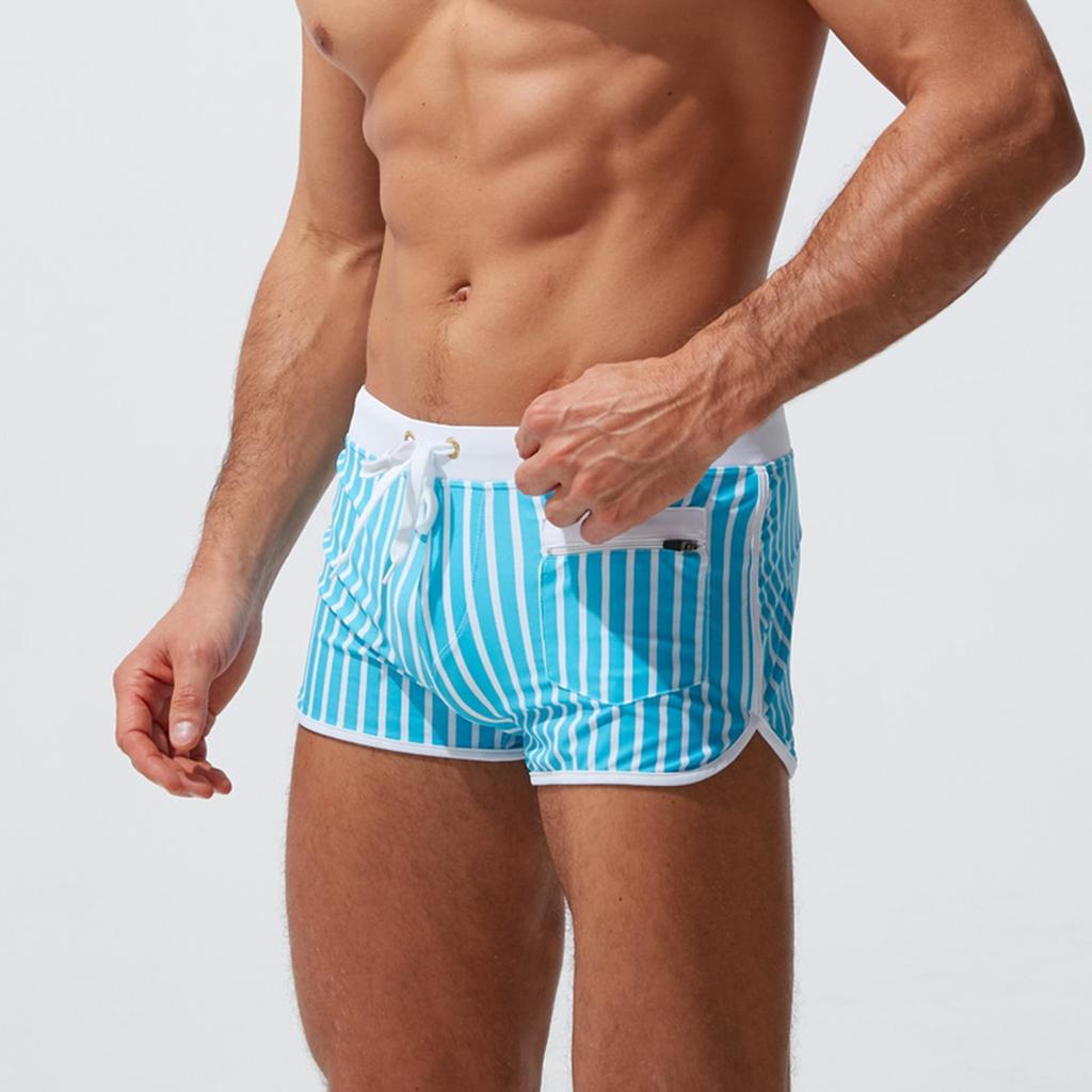 Classic Stripe Men Swim Trunks Drawstring Boxer Briefs with Zipper Pocket Fashion Swimming Trunks Beach Shorts Surfing Swimwear