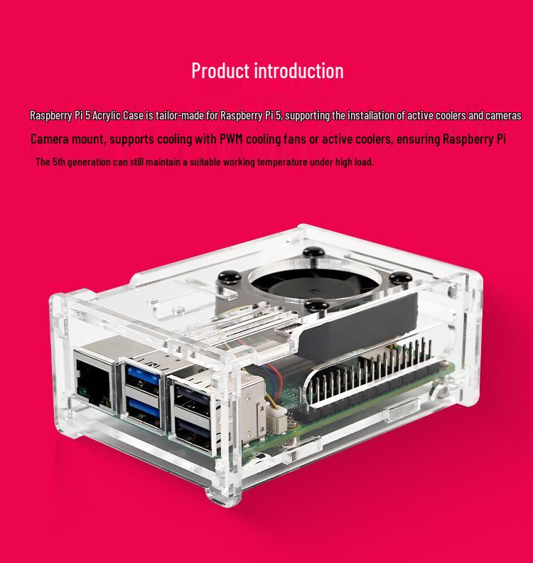 Raspberry Pi 5 Transparenter Acryl-Case mit PWM-Lüfter, Kühlkörper & Kameraschutz