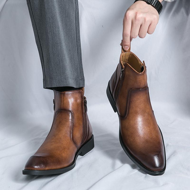 Chelsea Boots Spitz Hoher Schaft Leder Schuhe Friseur Martin Stiefel Reißverschluss Innen Erhöhend Freizeitstiefel