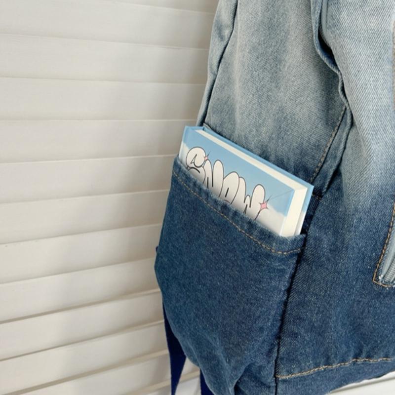 Gradientní džínový hvězdný batoh ve vintage stylu, unisex školní taška pro teenagery a vysokoškoláky, lehký prodyšný cestovní denní batoh