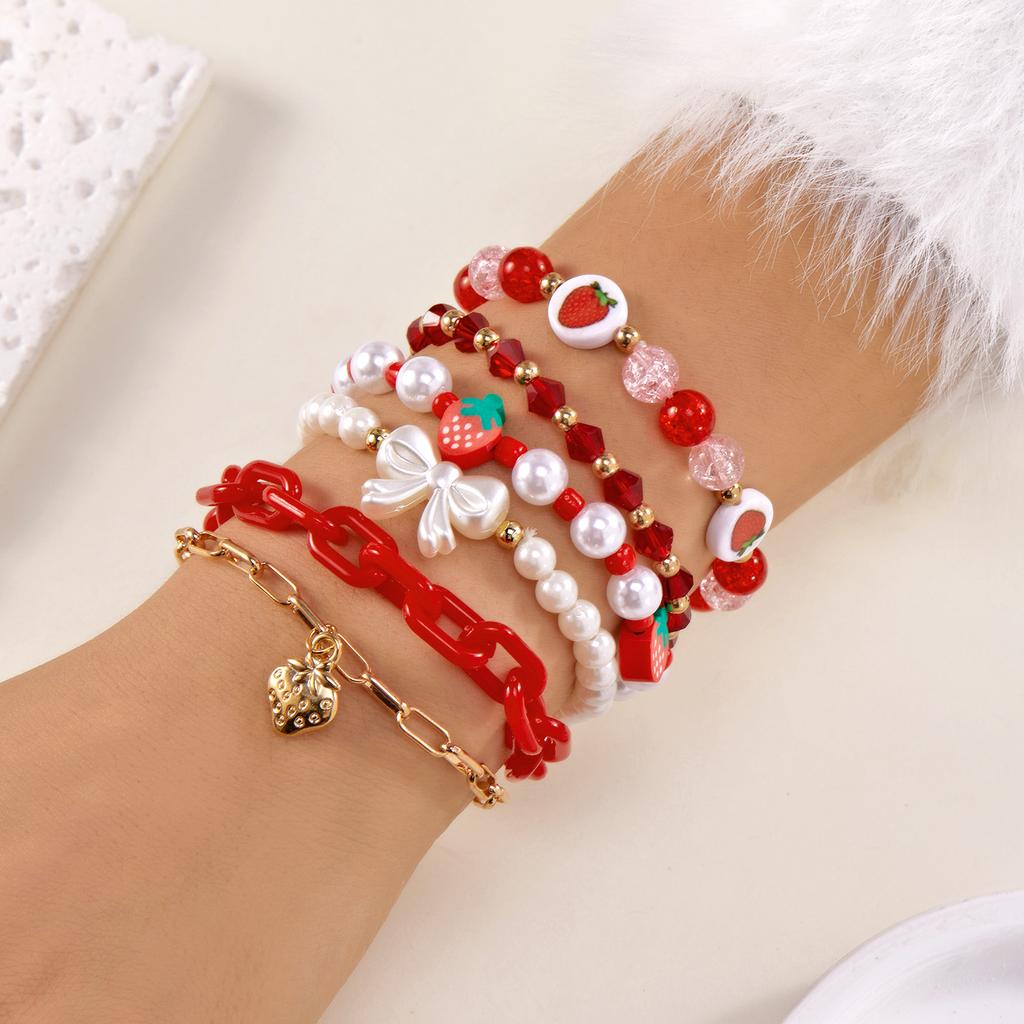 Cute Y2K Strawberry Heart Multilayer Bracelet for Women Girl Pink Polymer Clay Heshi Beads Crystal Chains Set Party Jewelry Gift