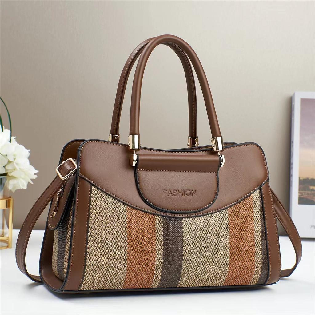 Women's Tote Bag with Brown and White Striped Design, Casual Handbag Large Capacity Top-Handle Bag For Commuting Shopping