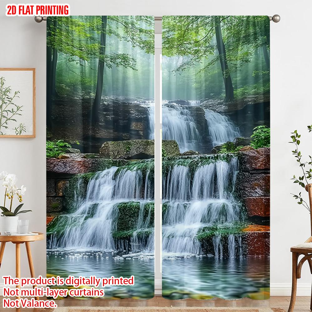 2pcs  2D plane printing Creative Curtains Waterfall Landscape Versatile 100% Polyester (without rod) Holiday for Bedroom &