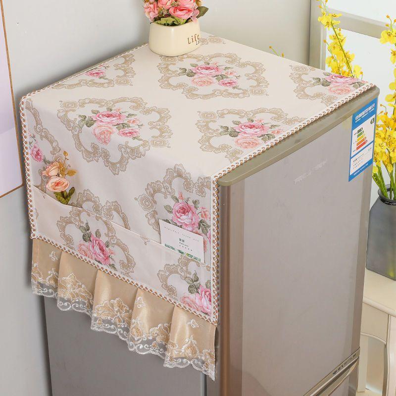 Rural Style Refrigerator Dust Cover with Lace Embroidery Patterns Anti Dust and Anti Stain Universal Size Double Door Refrigerator Decorative Cover