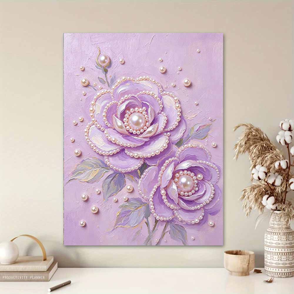 Purple Rose Flower 5D Pearl Painting Kit with Frame DIY Sparkling Bead Canvas Art Relaxing Handcraft Gift for Aesthetic Home Room Decor