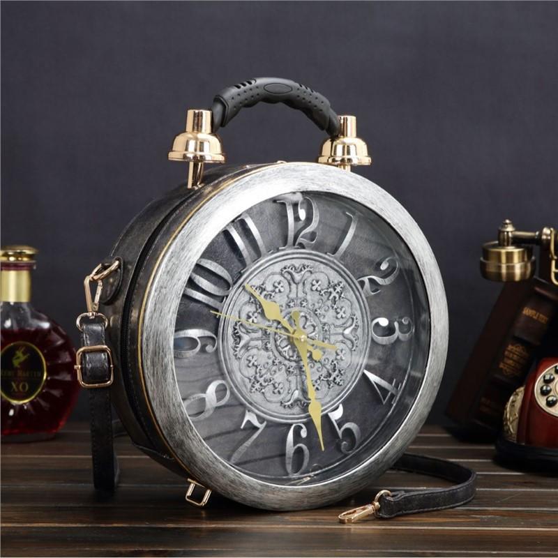 Roman Retro Personalized Clock Handbag Creative Antique Round Clock Shape Oblique Span Bag