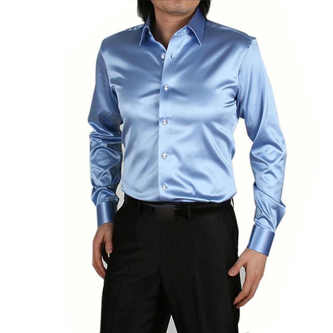 Lös Silk Satin Shirt Märke Märke Långärmad Herr Klänning Skjortor Hög kvalitet Bröllopsfest Chemise