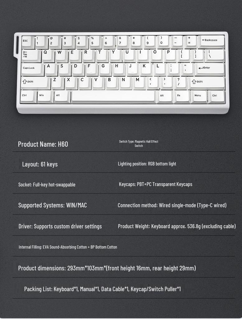 New 60% Aluminum Magnetic Axis Hot-Swappable Mechanical Keyboard for Office & Gaming