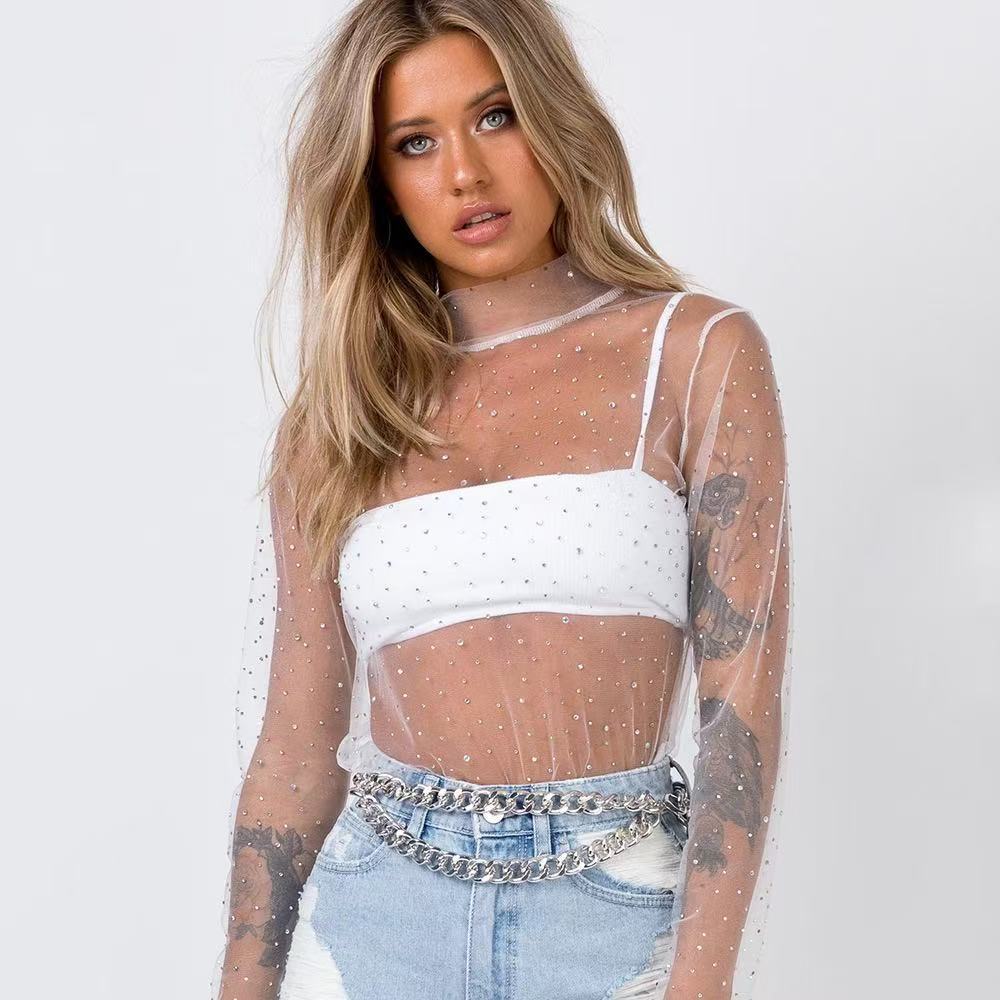 Women's Long Sleeve Mesh Top Mock Neck Sexy Style Rhinestone Sheer Cover Up Blouse
