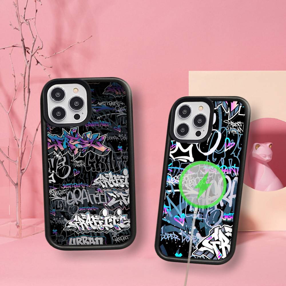 Cool Black Graffiti Phone Case For iPhone 13 14 15 11 12 16 17 Pro Max Plus For Magsafe Magnetic Shell