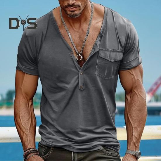 

Мужская летняя футболка на пуговицах с v-образным вырезом и короткими рукавами, однотонный приталенный пуловер средней длины, нагрудный карман, повседневный спортивный топ M белый