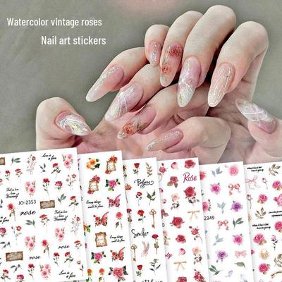Retro Watercolor Rose & Butterfly Nail Stickers
