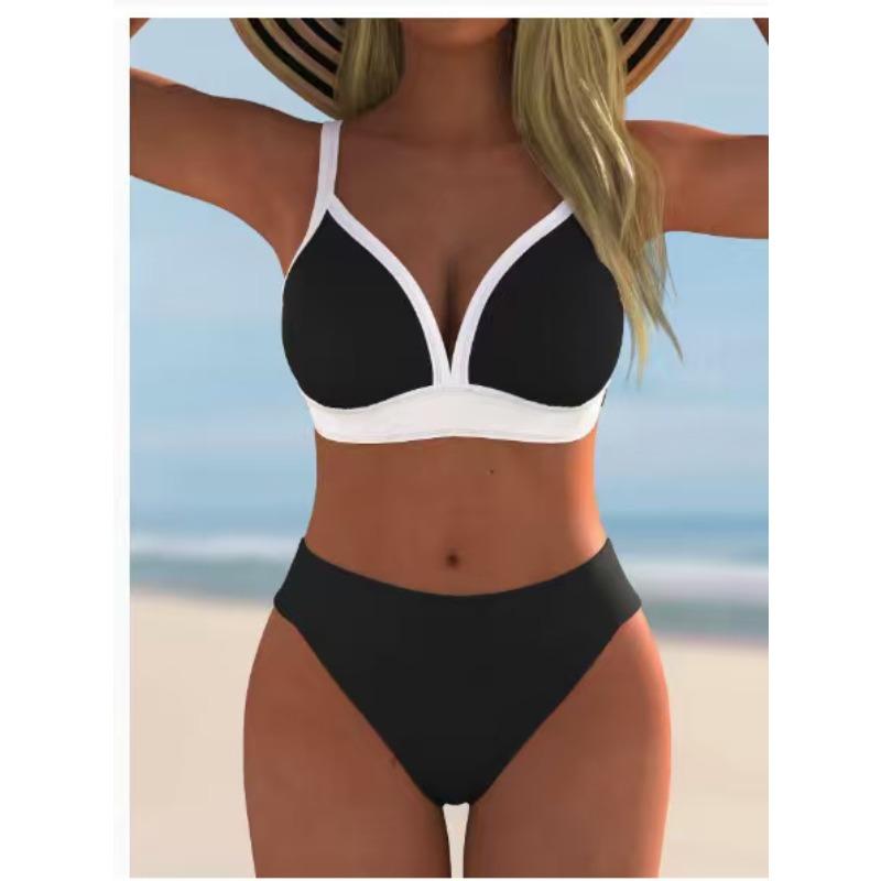 Europa, Amerika, Der Neue Schwarze Kontrastfarben-geteilte Bikini-Badeanzug für Damen, Sexy und Dünner High-Waist-Bikinihöschen-Badeanzug