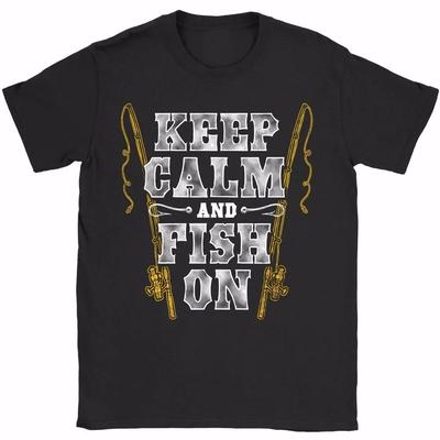 Keep Calm  Fish On Vintage Angler Fisherman Gift TShirt 100 Cotton ONeck Summer Short Sleeve Casual Mens Tshirt Size S3XL