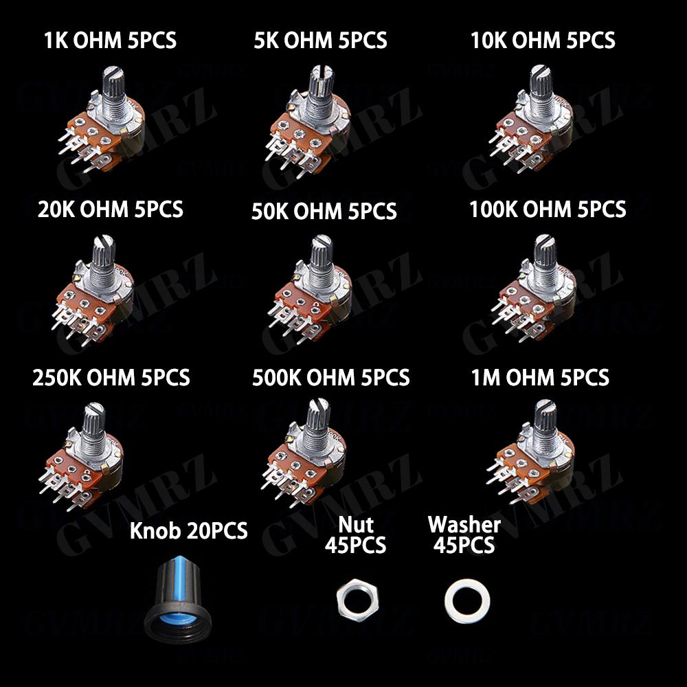 45PCS/Box WH148 Potentiometer 3PIN/6PIN kit 1k 5k 10k 20k 50k 100k 500k 1M ohm with Blue knob