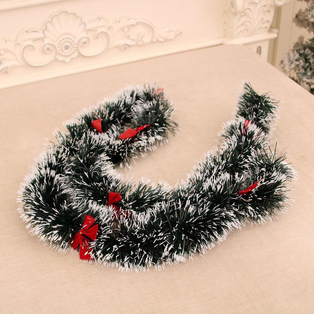 Dark Green Christmas Heather Garland with White Edge & Bow for Hotel Decoration