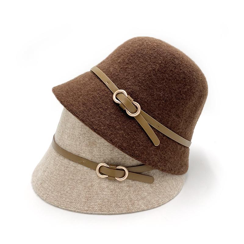 Belt Wool Hat Women's Autumn and Winter Fashion Simple Small Edge Bucket Hat Women's Face Small Dome Basin Hat Versatile