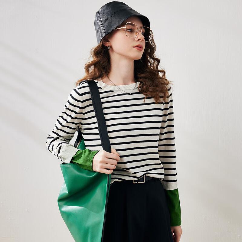 Women's Silk Blend Faux Two-Piece Striped Knit Long Sleeve T-Shirt