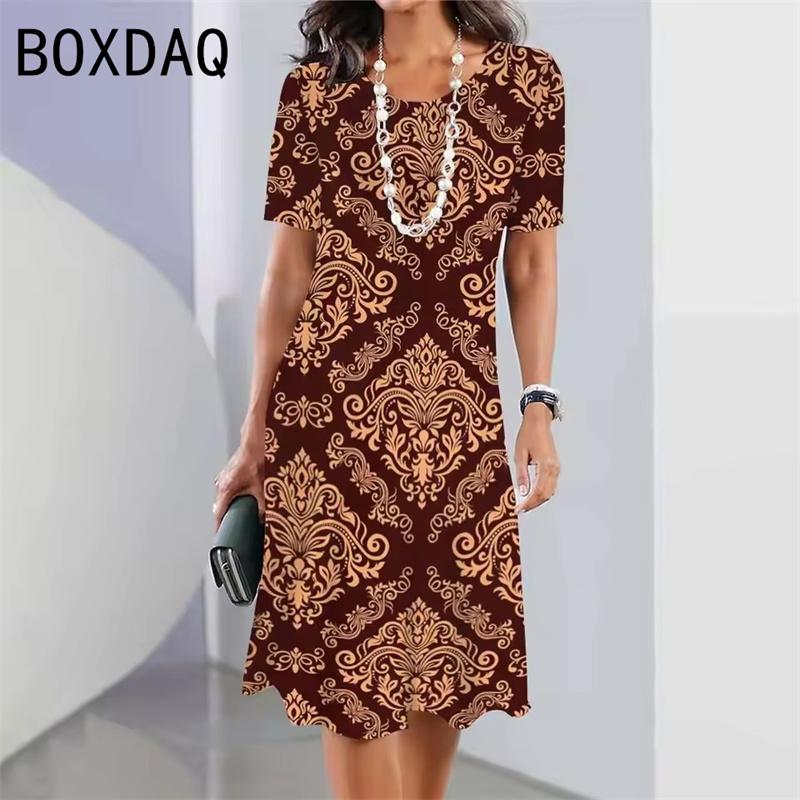 Retro Ethnic Print Mini Dress Women's Fashion Street Style Summer Short Sleeve Round Neck Casual Dress Vestidos De Mujer