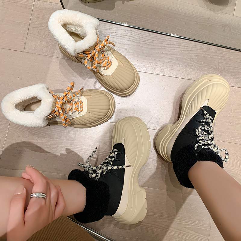 Krazing Pot Cow Leather Wool Blend Winter Round Toe Platform Snow Boots Lace Up Design Women Keep Warm Ankle Boots