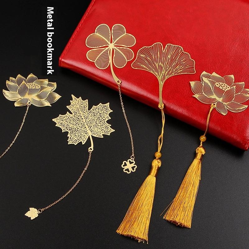 Chinese Style Stationery Retro Metal Bookmarks Hollow Ginkgo Biloba Maple Leaf Lotus Vein Book Marks Gifts