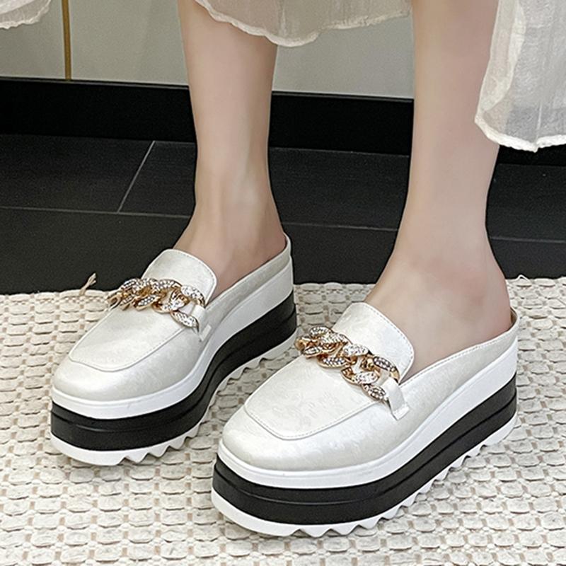 fashion Metal Chain Decor Chunky Platform Mules for Women 2024 Summer Thick Sole Wedge Slippers Woman Closed Toe Slip On Casual Slides