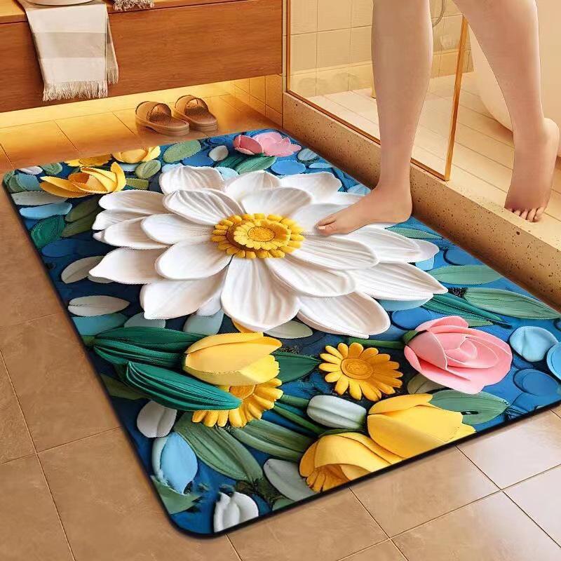 Tappetino da bagno con motivo a fiori 3D - antiscivolo, ad asciugatura rapida e assorbente