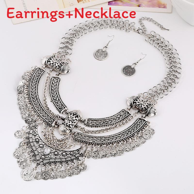 Finish Antique Coin Necklace Earrings With Bold Chain Women Accessories Elegant