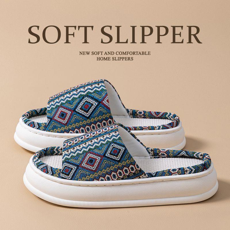 Ethnic style linen slippers home summer women's indoor household wooden floor non-slip breathable fabric cool slippers men