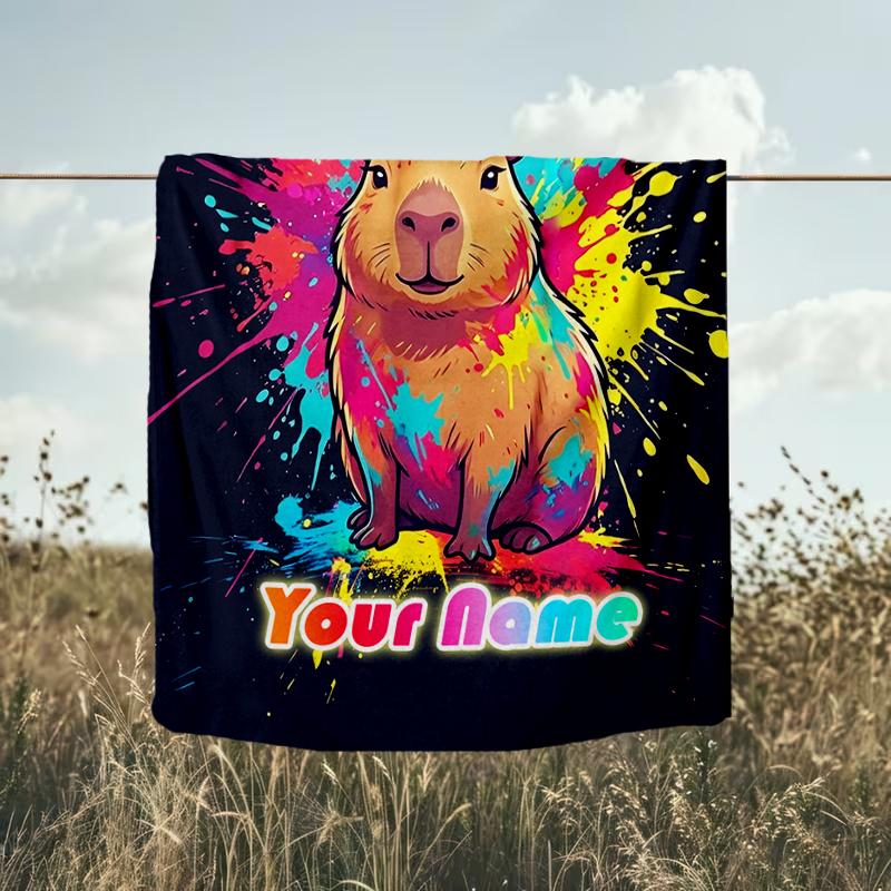 1PC Custom Name Colorful Capybara Majesty flannel blanket versatile,all-season throw suitable for the living room,bedroom,camping,travel,and gift