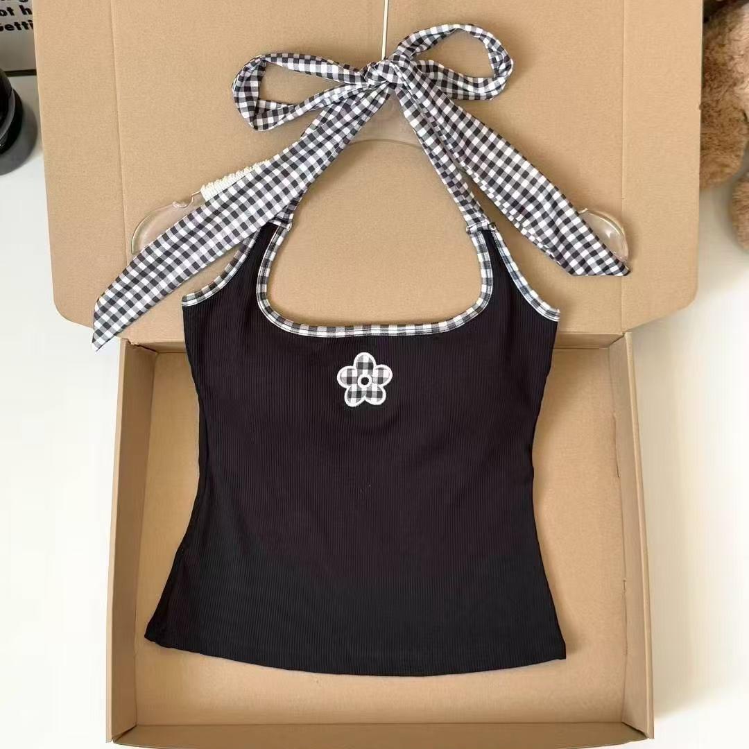 

Women s Cute Embroidered Camisole Tank Top for Summer Sleeveless Halter Neck with Tie Straps One size fits all [80-60kg] чёрный