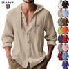 Broderi Herre Ensfarget Casual Langermet Skjorte Hettegenser Snøring Bomull og Lin Cardigan Trendy Allsidig Løs Strand T-skjorte