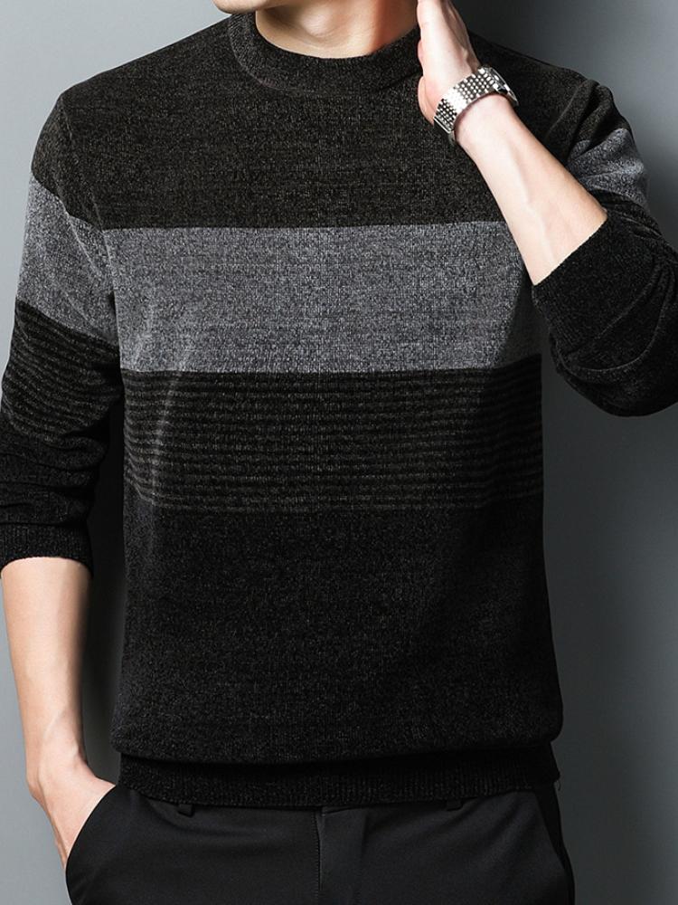 Men's Striped Knit Sweater, Casual Round Neck Pullover, Polyester, Long Sleeve for Daily and Leisure, Autumn/Winter Season, Youth and Adult Unisex Top