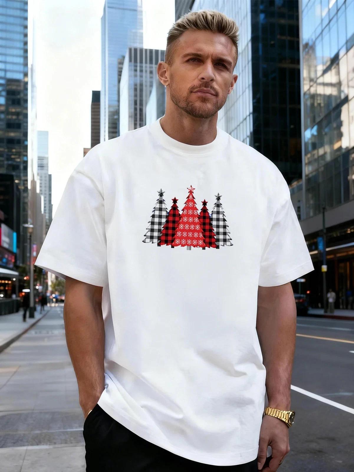 Plaid Christmas Tree Graphic Cotton Men s T-Shirt, Suitable for Daily Streetwear M