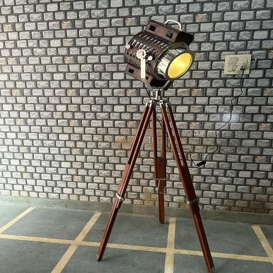 Industrial Handcrafted Floor Lamp with Wooden Tripod | Collectible Home | Studio Spotlight Spotlight