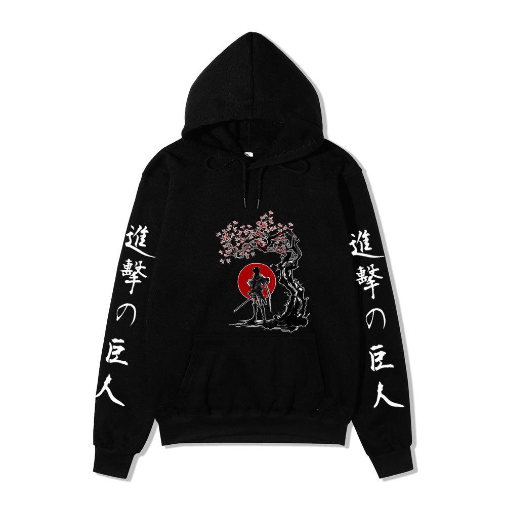 Attack On Titan Samurai Sakura Sun Design Unisex Fleece Hoodie Vertical Japanese Kanji Sleeve Anime Long Sleeve Pullover Sweatshirt