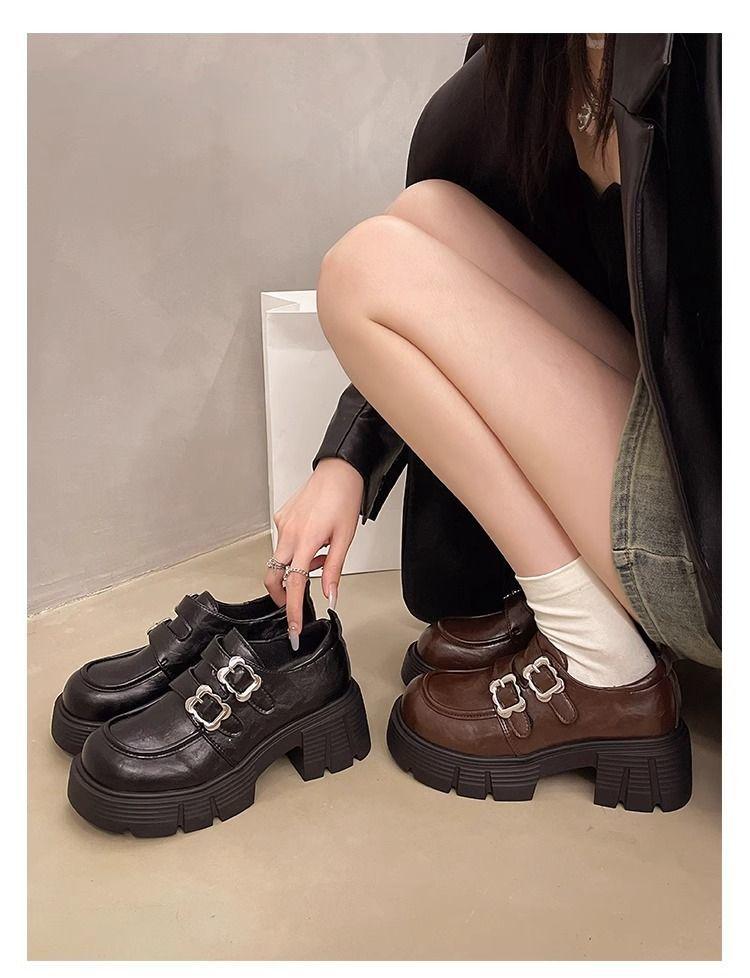 Black Thick-heeled Thick-soled One-pedal Small Leather Shoes for Women's Spring and Autumn New Retro British Style Versatile Heightening Loafers