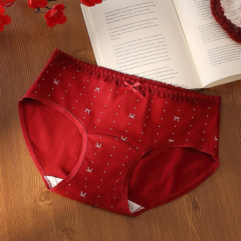 Women's Spring and Summer Print Benming Year Red 10A Bacteriostatic Extended Middle Waist Triangle Briefs