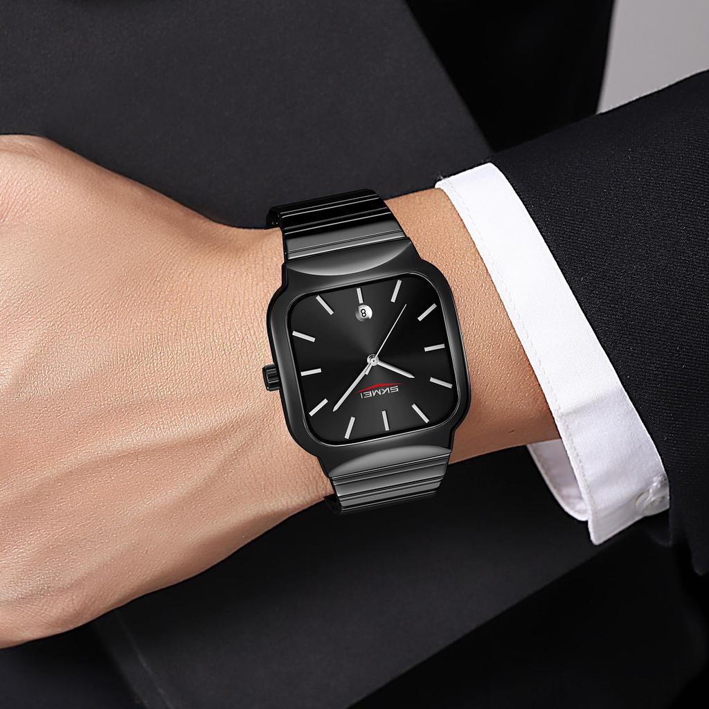 Nye firkantede herreklokker Mote Kalender Kvartsverk Rustfritt stålreim Vanntett Kvartsklokke