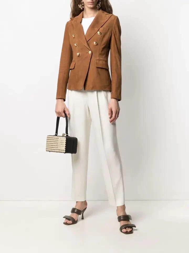 Handmade Stylish Formal Casual Brown Women Real Soft Suede Leather Blazer New