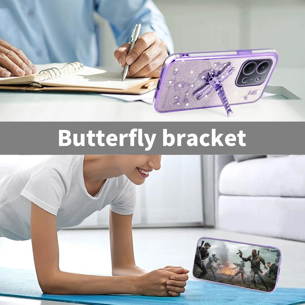 For Xiaomi Redmi 15C 4G (Global) (171mm)/Poco C85 4G (171mm) Case Dragonfly Kickstand TPU Flowers Glitter Phone Cover