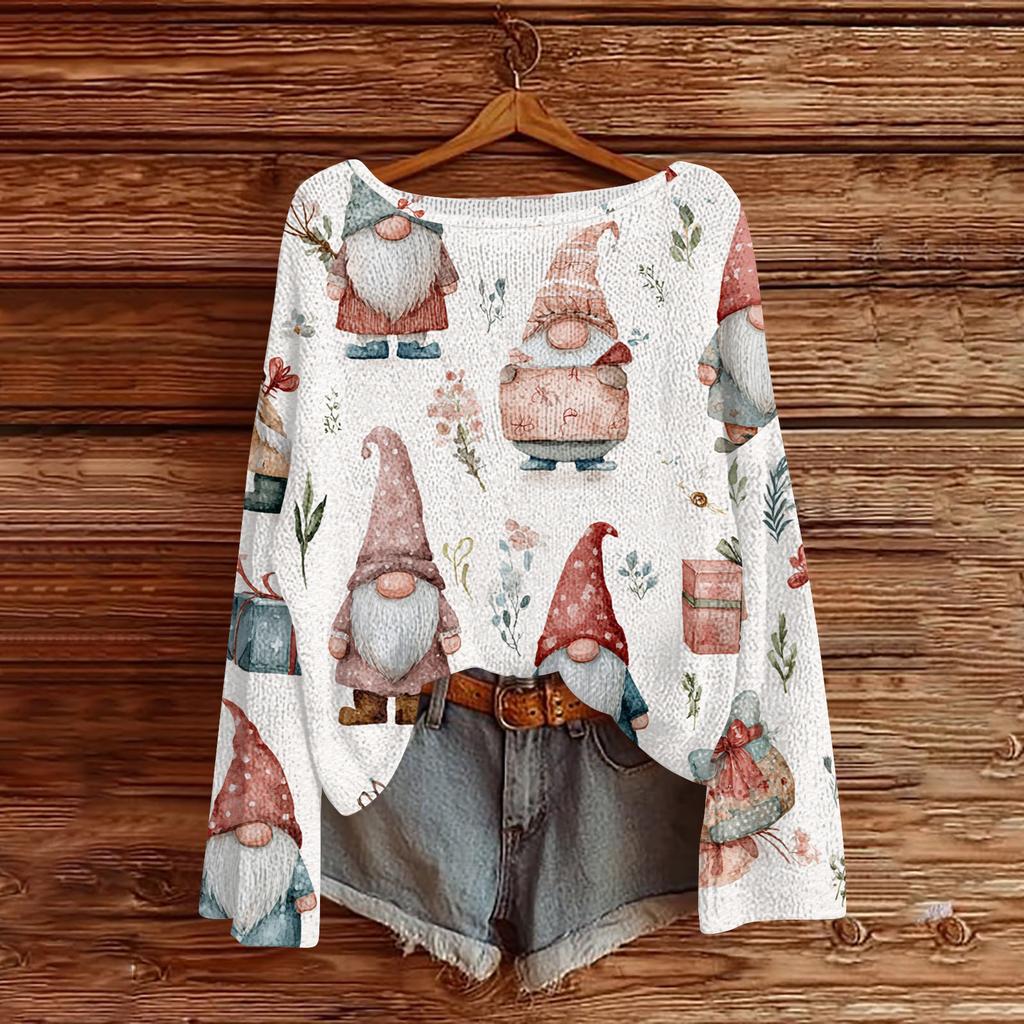 Women's Fashion Christmas Print Lightweight Sweater Casual Long-Sleeve Knit Pullover Top