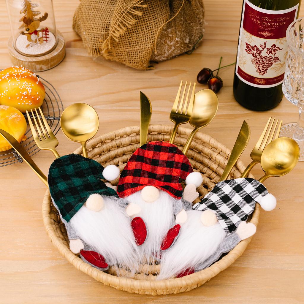 Festive Checkered Hat Gnome Tabletop Ornament With Cutlery Holder Holidays For