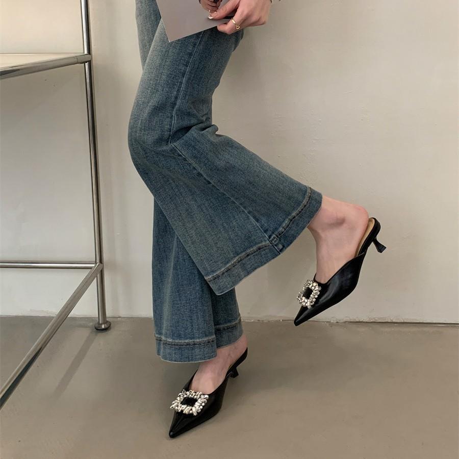 Pointed Head, Half Slippers, Women Wear Thin Heels, Rhinestone Buckle, Fairy Versatile Fashion Women's Shoes