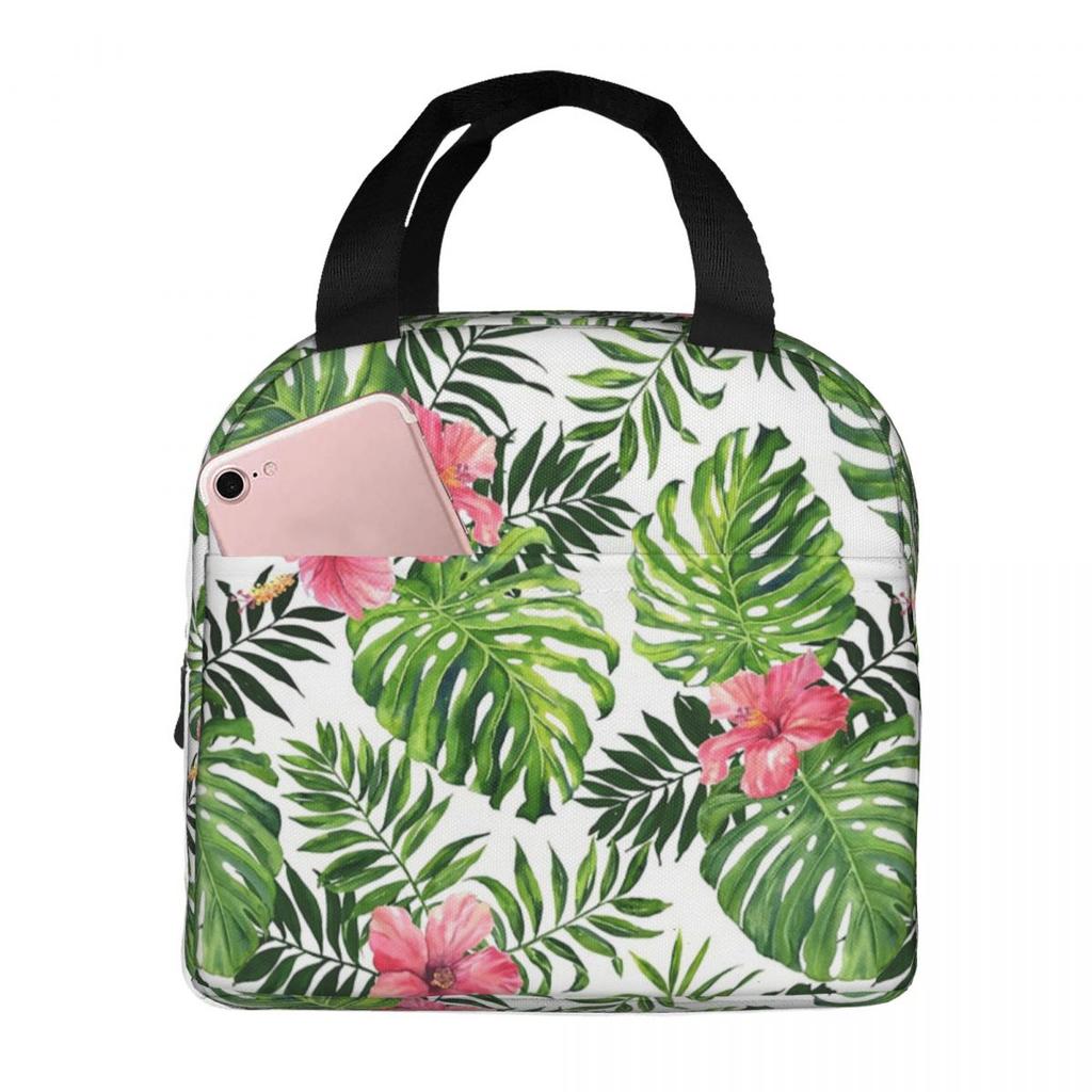 Tropical Green Leaves And Flowers Pattern Insulated Lunch Bag for Women Kids Portable Food Boxes Thermal Lunch Box Tote