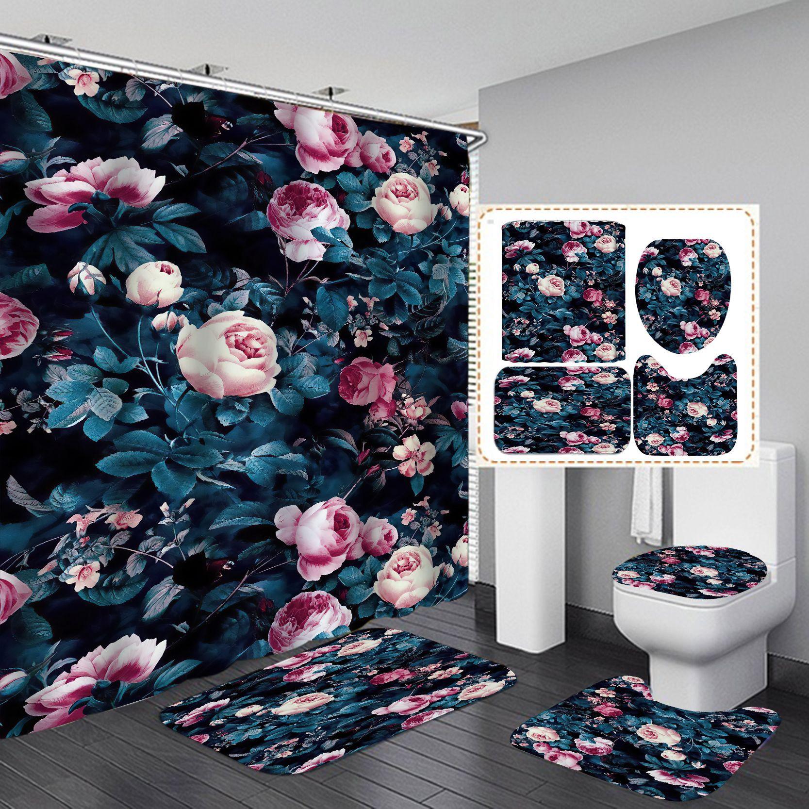 

4Pcs Flower Series Набори завіс для душу для ванної кімнати Нековзкі килимки для ванної кімнати Кришка для унітазу Килимок для ванної кімнати 4Pcs